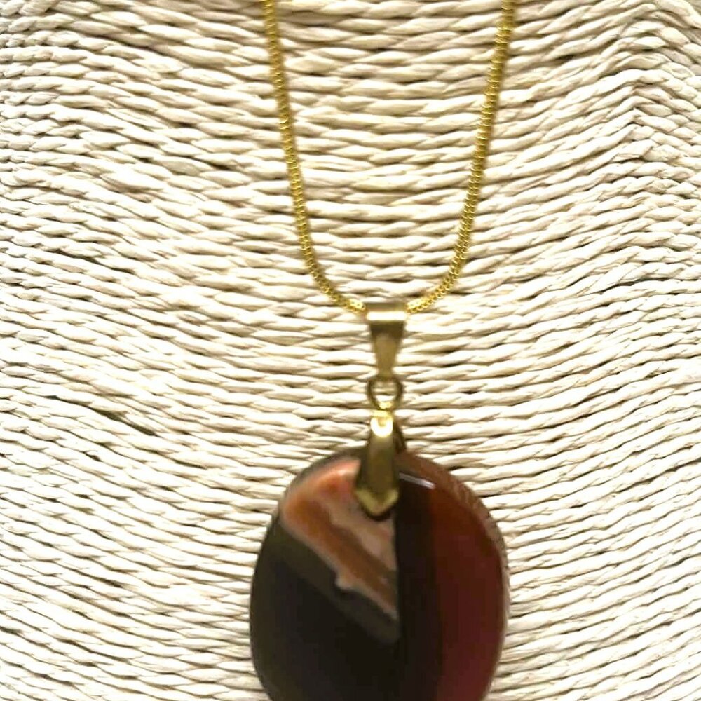 Banded Natural Agate Pendant Necklace Gold Tone Chain Handmade Statement Jewelry